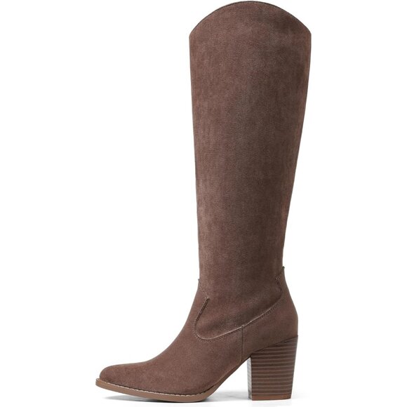 Womens Suede Khaki Side Zipper Knee High Pointed Toe Chunky Heel Tall Boots - Picture 1 of 6